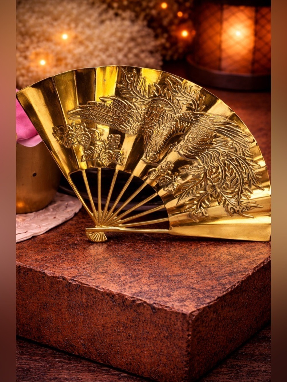 VINTAGE Taiwan ROC Gold Tone Phoenix Fan • Ornate Relief Art • Prosperity Decor - Picture 13 of 16